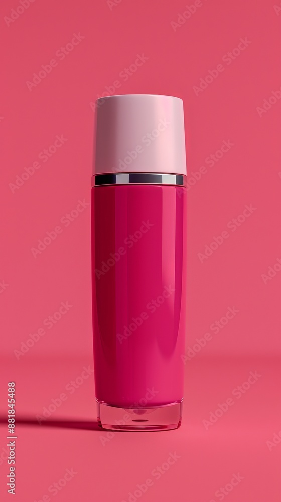 A bottle of pink liquid is sitting on a pink background A bottle of pink liquid is sitting on a pink background