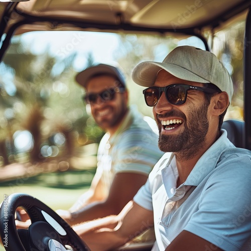 Top view of two men playing golf on a sunny summer day. Aerial view of the green golf course. Hitting the ball with a golf stick. An active type of recreation. Golf car. Generative AI