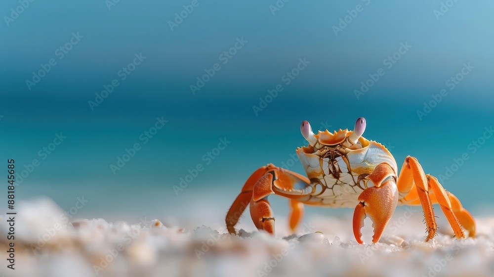 A vibrant orange crab stands prominently on a sandy beach, framed by a beautiful turquoise sea in the background, capturing the essence of marine life at the shore. A vibrant orange crab stands prominently on a sandy beach, framed by a beautiful turquoise sea in the background, capturing the essence of marine life at the shore.