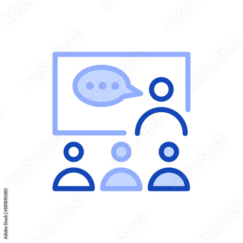Vector outline icon depicting the process of a lesson or meeting, where the teacher stands near the board and says something, and the students listen.