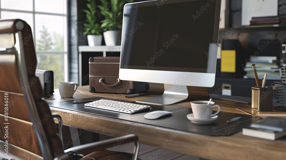 Office workstation with a computer monitor, keyboard, mouse, and coffee cup. Office workstation with a computer monitor, keyboard, mouse, and coffee cup.