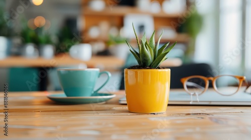 A bright room setting with a yellow mug and a small succulent plant on a wooden table, complemented by a turquoise cup and eyeglasses, suggesting a relaxed workspace environment.