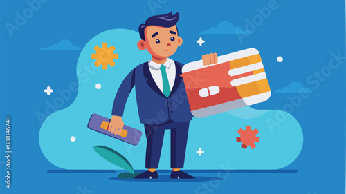 Confident Businessman Repairing Credit Card with Bandage, Credit Repair and Financial Recovery Concept