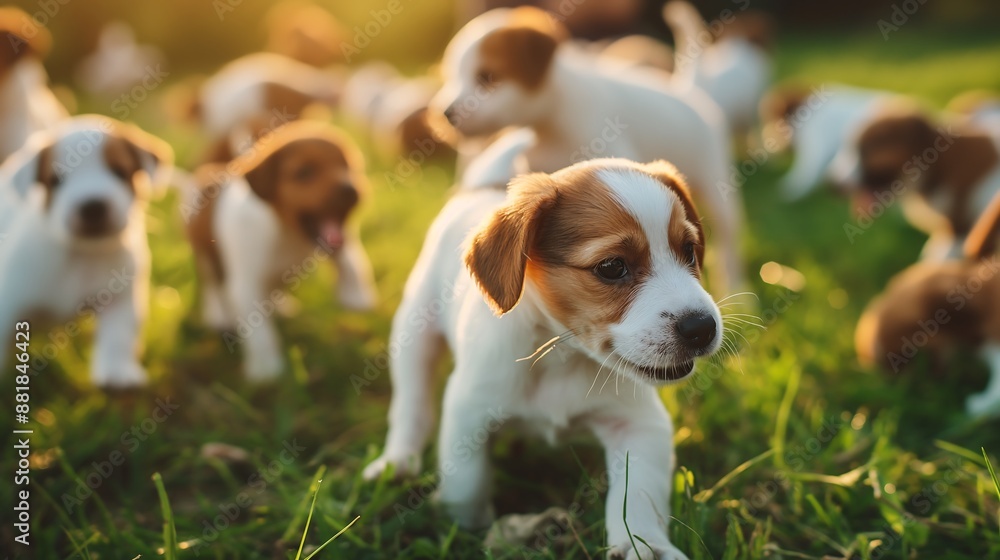 Several puppies playing in the grass Cheerful and healthy Several puppies playing in the grass Cheerful and healthy
