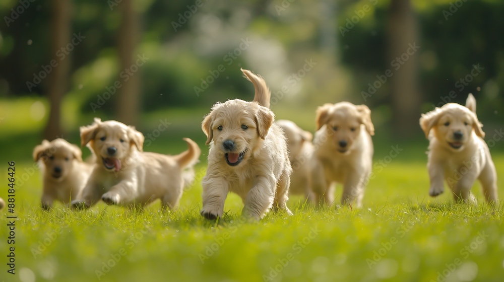 Several puppies playing in the grass Cheerful and healthy Several puppies playing in the grass Cheerful and healthy