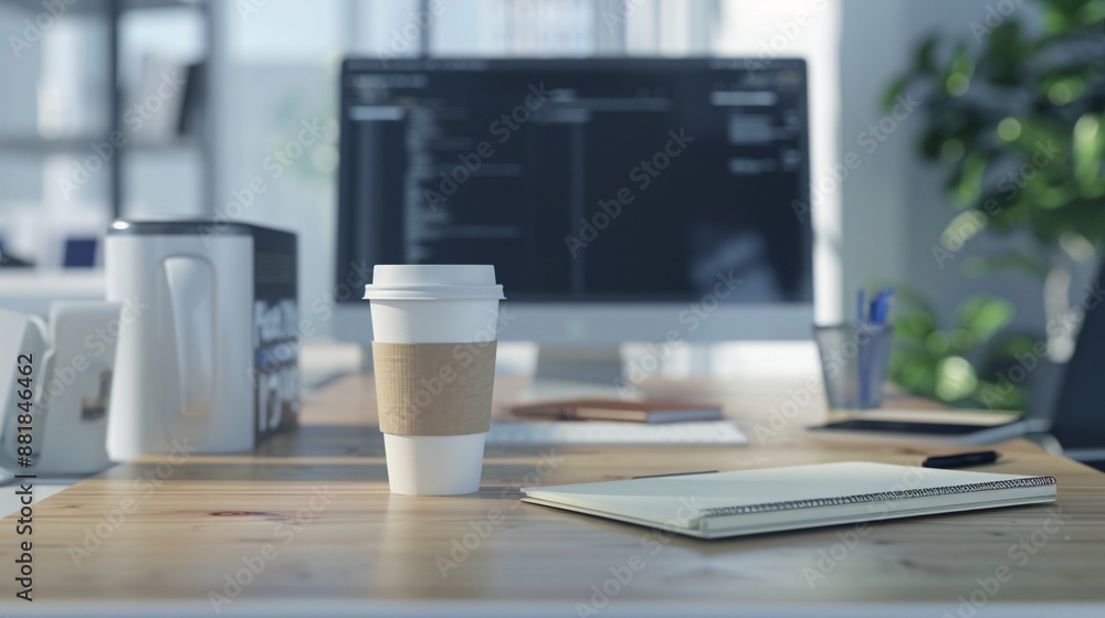 Office desk arrangement with a computer setup, stationery, and a coffee mug. Office desk arrangement with a computer setup, stationery, and a coffee mug.