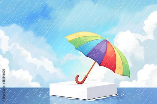 Monsoon season offer and sale banner. Cylinder podium, umbrella,cloud and thunder.3D render illustration.