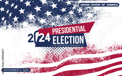 Presidential election day. Vote 2024 in USA, banner design. Election voting poster. Political election campaign. Vector graphic of united states flag, election 2024. United States flag brush stroke.