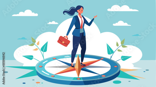 Confused Businesswoman Standing on Compass, Struggling to Choose Direction, Lost and Uncertain About Career Path Concept
