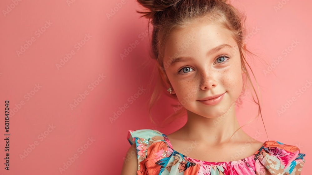 Cheerful young girl posing confidently in a stylish dress, set against a pink backdrop, with high detail and sharp clarity Cheerful young girl posing confidently in a stylish dress, set against a pink backdrop, with high detail and sharp clarity
