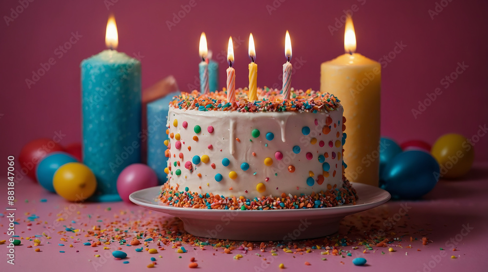Lighted candles in a birthday cake rotation on a background. Candles in birthday cheesecake for home party. Flowers and confetti. AI generated birthday background Lighted candles in a birthday cake rotation on a background. Candles in birthday cheesecake for home party. Flowers and confetti. AI generated birthday background