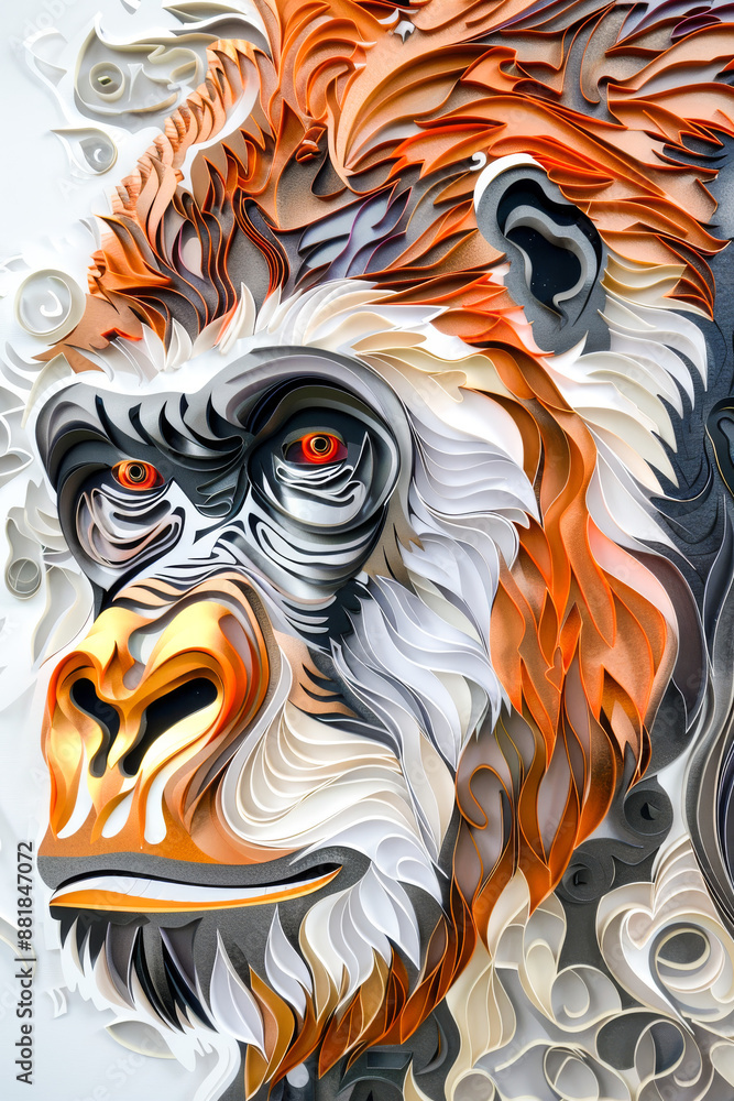 Abstract Paper Cut Gorilla.  Generated image.  A digital illustration of an abstract art paper cut of a copper and white gorilla, with copper fur on its head.