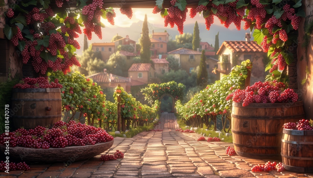 Picturesque Vineyard Path with Colorful Grapevines and Rustic Barrels Picturesque Vineyard Path with Colorful Grapevines and Rustic Barrels