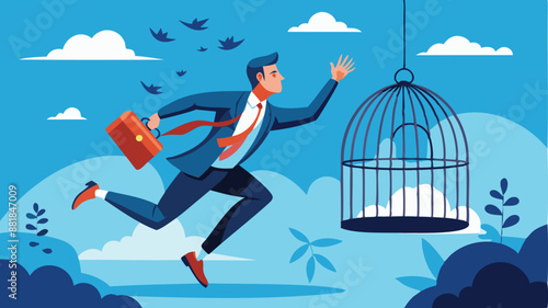 Courageous businessman escaping from birdcage, jumping and flying away, representing freedom, open-mindedness, and the pursuit of a better life
