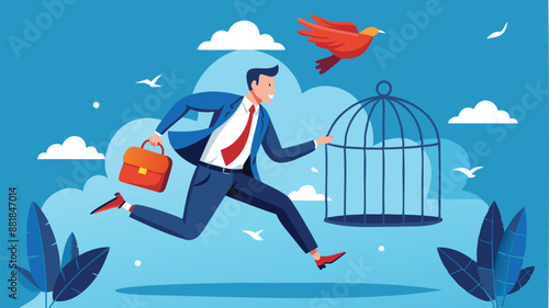 Courageous businessman escaping from birdcage, jumping and flying away, representing freedom, open-mindedness, and the pursuit of a better life