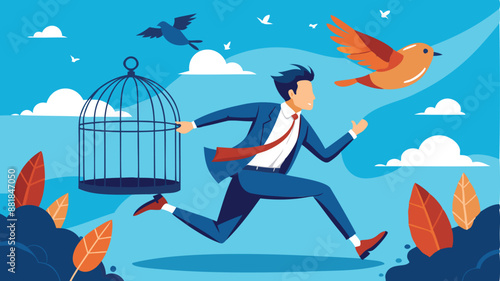Courageous businessman escaping from birdcage, jumping and flying away, representing freedom, open-mindedness, and the pursuit of a better life