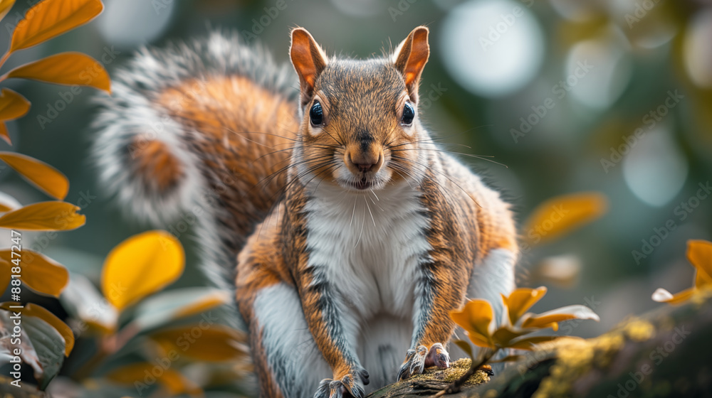 Curious squirrel looking directly at camera, surrounded by autumn leaves in natural habitat. Concept of wildlife photography, animal behavior, and seasonal beauty. Curious squirrel looking directly at camera, surrounded by autumn leaves in natural habitat. Concept of wildlife photography, animal behavior, and seasonal beauty.