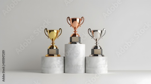 A sleek podium with three levels, displaying gold, silver, and bronze trophies against a clean gray background, highlighting the winners' achievements.