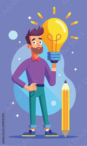 Creative Man Holding Pencil, Thinking About Innovative Ideas and Solutions on Illuminated Lightbulb