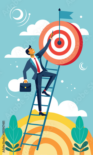 Determined businessman aiming for success, holding dart and climbing ladder to reach target on bullseye, strategic planning and goal setting concept
