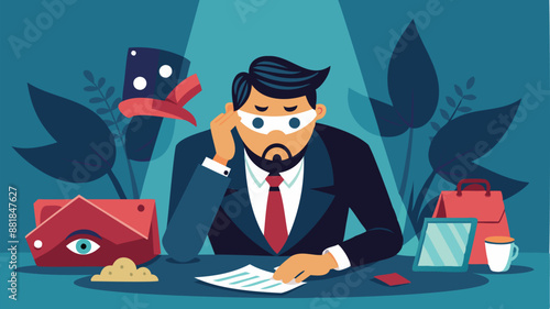 Dishonest Businessman Hiding Behind Disguise Mask and Lying to Conceal Fraud and Scam