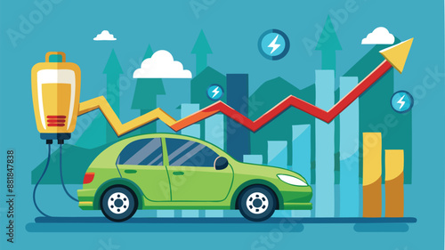 Electric Car with Plug-in Cruising on Rising Green Stock Market Arrow, EV Profit Soaring in New Economy Concept