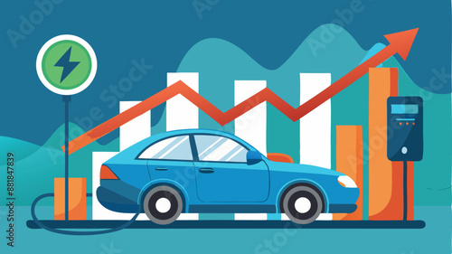Electric Car with Plug-in Cruising on Rising Green Stock Market Arrow, EV Profit Soaring in New Economy Concept