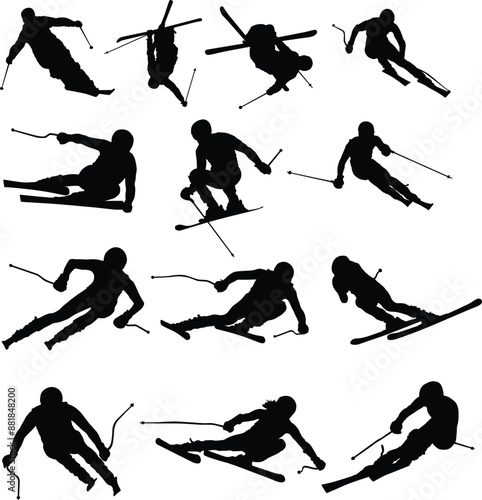 Set of ski player silhouette full body illustration. People posing freestyle ski in black color