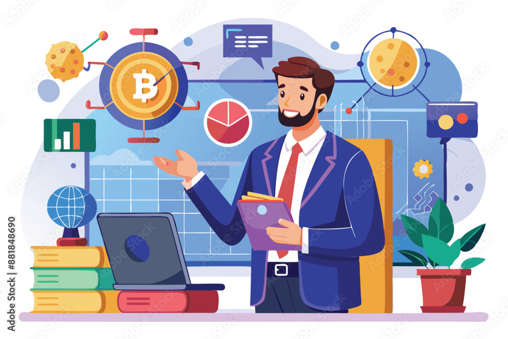 Expert Explaining Blockchain Technology and Bitcoin Cryptocurrency, Knowledge and Education Concept Expert Explaining Blockchain Technology and Bitcoin Cryptocurrency, Knowledge and Education Concept