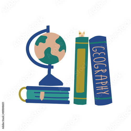 Back to school. clip art textbooks about geography and globe on the book. Flat hand drawn vector illustration.