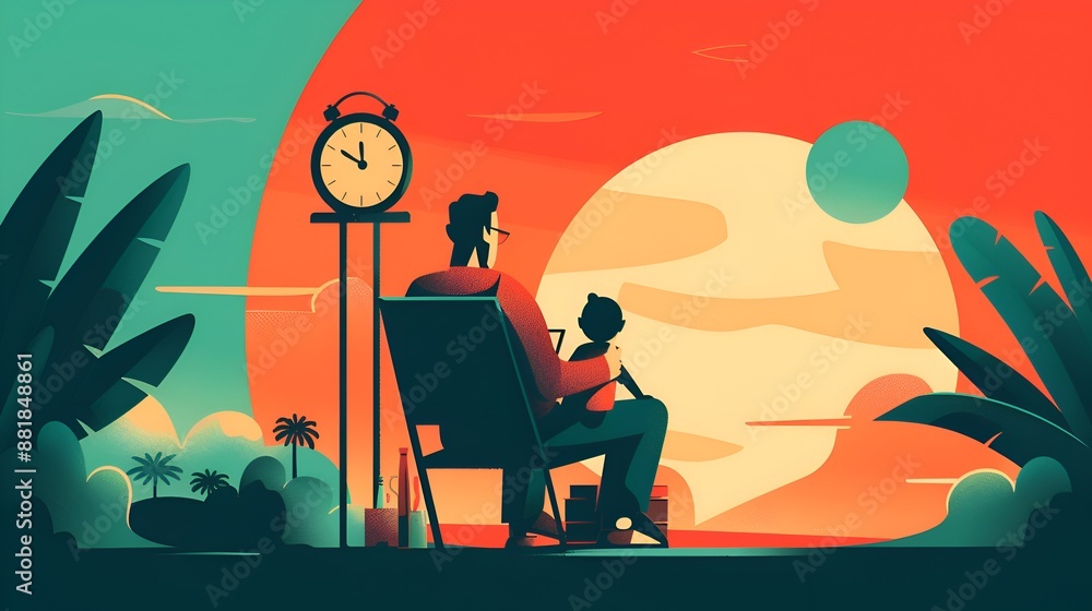 Man with child sitting on chair facing sunset. Man with child sitting on chair facing sunset.