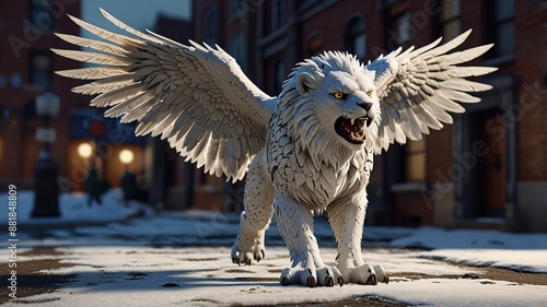 A mythical creature, a type of gryphon, head of a lion, wings of a snow owl. 3D rendering photo