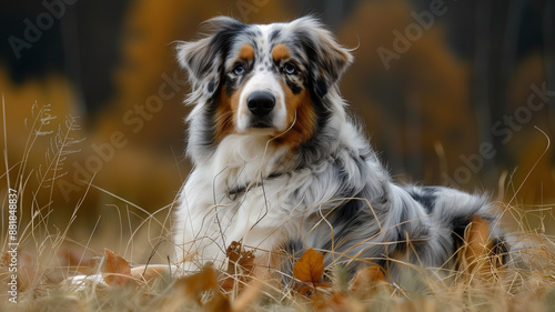 Australian shepherd dog posing in autumn grass