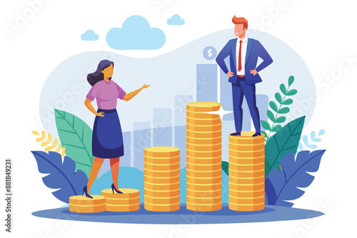 Gender Pay Gap Illustrated, Businessman Standing on Higher Salary Coin Stack than Woman's Smaller Income