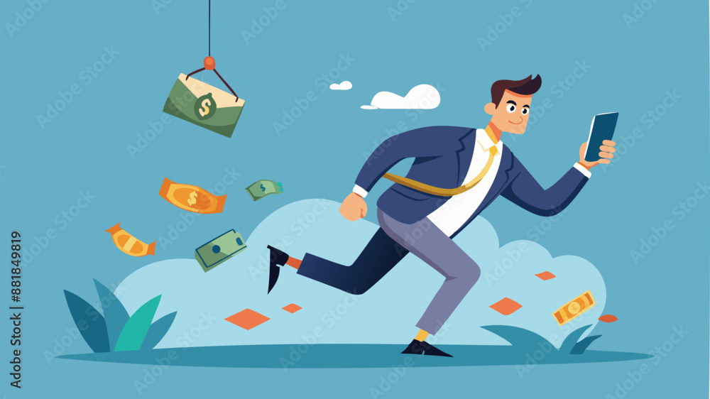 Obraz premium Greedy Man Chasing Easy Money Bait from Fraudulent Phone Call, Symbolizing Phone Scam Danger