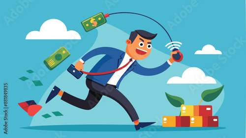 Greedy Man Chasing Easy Money Bait from Fraudulent Phone Call, Symbolizing Phone Scam Danger