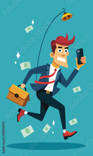 Greedy Man Chasing Easy Money Bait from Fraudulent Phone Call, Symbolizing Phone Scam Danger