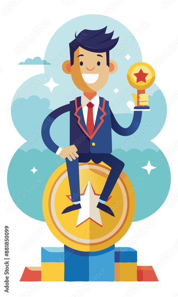 Happy businessman sitting on giant award medal, giving thumbs up to himself, representing self-promotion, encouragement, and positive thinking for success Happy businessman sitting on giant award medal, giving thumbs up to himself, representing self-promotion, encouragement, and positive thinking for success