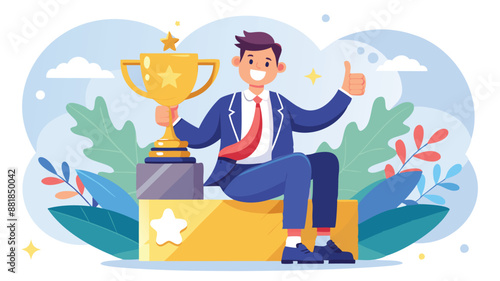 Happy businessman sitting on giant award medal, giving thumbs up to himself, representing self-promotion, encouragement, and positive thinking for success