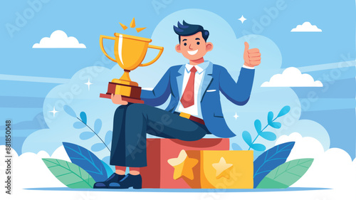 Happy businessman sitting on giant award medal, giving thumbs up to himself, representing self-promotion, encouragement, and positive thinking for success
