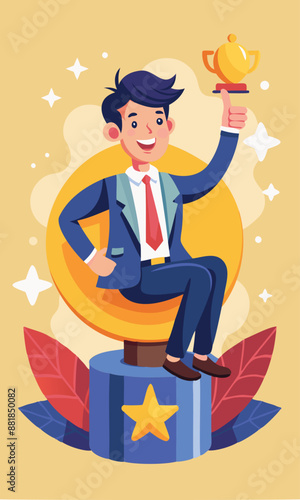 Happy businessman sitting on giant award medal, giving thumbs up to himself, representing self-promotion, encouragement, and positive thinking for success