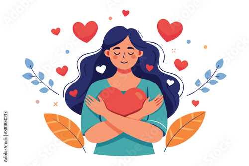 Happy woman hugging herself with hearts, symbolizing self-care, well-being, and a balanced lifestyle for managing stress and maintaining health