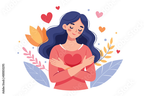 Happy woman hugging herself with hearts, symbolizing self-care, well-being, and a balanced lifestyle for managing stress and maintaining health