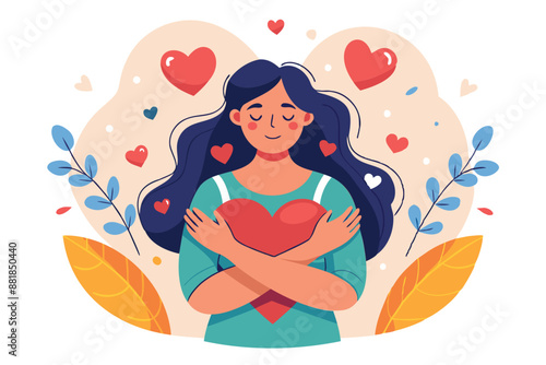 Happy woman hugging herself with hearts, symbolizing self-care, well-being, and a balanced lifestyle for managing stress and maintaining health