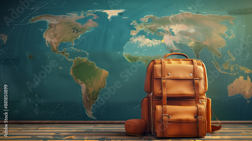 leather backpack with world map; school bts photo or traveling; wooden floor and painted continents on the wall; copy space for text; widescreen backdrop photo