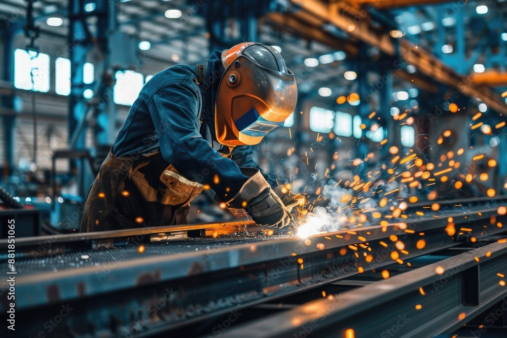 Industrial worker with protective mask welding steel structure in factory. Metalwork manufacturing and construction maintenance service concept Industrial worker with protective mask welding steel structure in factory. Metalwork manufacturing and construction maintenance service concept