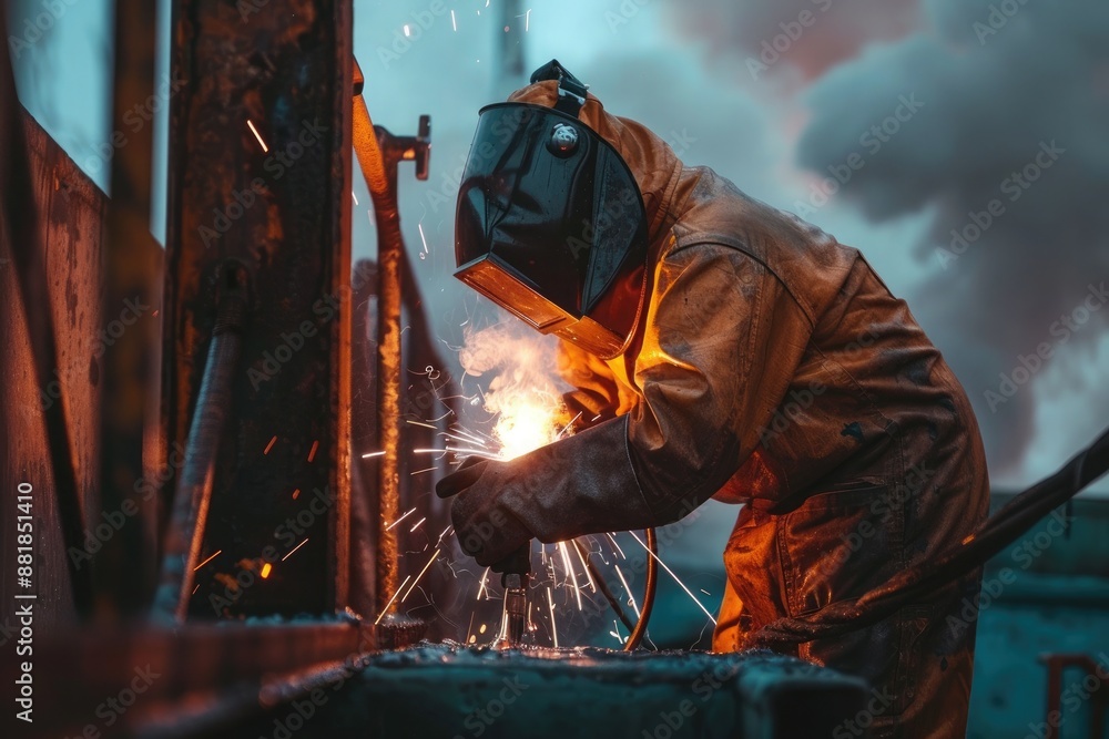 Fototapeta premium Industrial worker with protective mask welding steel structure in factory. Metalwork manufacturing and construction maintenance service concept