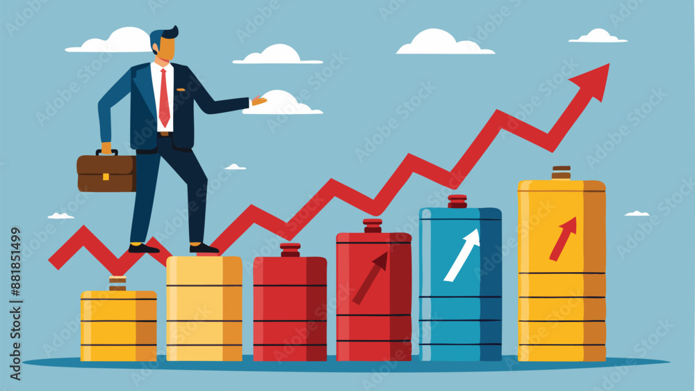 Oil Price Rising, Businessman Standing on Gasoline Gallon Stack with Graph Showing High Demand and Growth Oil Price Rising, Businessman Standing on Gasoline Gallon Stack with Graph Showing High Demand and Growth