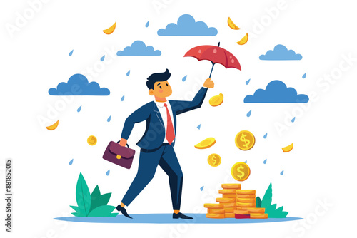 Rich Businessman Collecting Falling Money from Investment Thunderstorm as Passive Income Idea