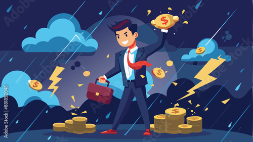 Rich Businessman Collecting Falling Money from Investment Thunderstorm as Passive Income Idea